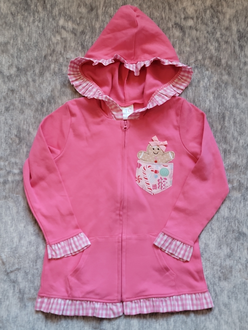 Source Unknown Pink Hooded Zip-Up Top with Ruffle Trim and Pocket Applique